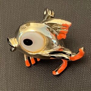 Gold Tone Metal, Orange and Black Enamel Mother of Pearl Fish Pin